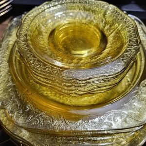 Vintage Amber Depression Glass Dinnerware Set, Dinner & Lunch Plates, Cups & Sau